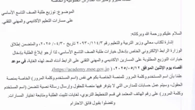 رابط توزيع طلبة الصف التاسع على مسارات التعليم الأكاديمي والمهني التقني