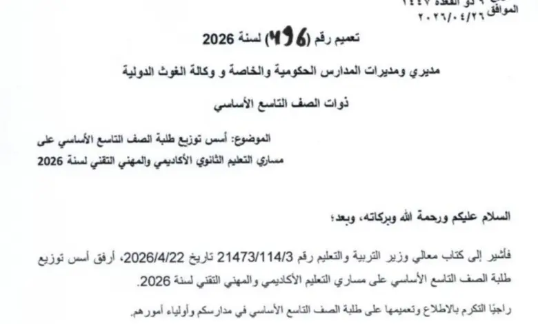 الدليل الكامل لأسس توزيع الصف التاسع 2026 / 2027 في الأردن